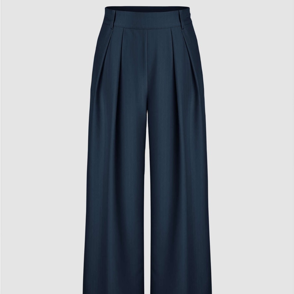 Navy Pinstripe Pleated Wide Leg Trousers CIDER